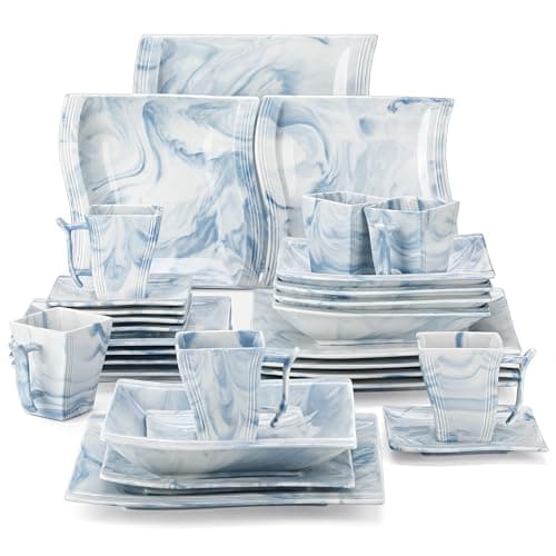 MALACASA Ivory White 30-Piece Porcelain Dinnerware Sets for 6 Microwave and Dishwasher Safe Modern Kitchen Dishware Sets Series Flora — Blue