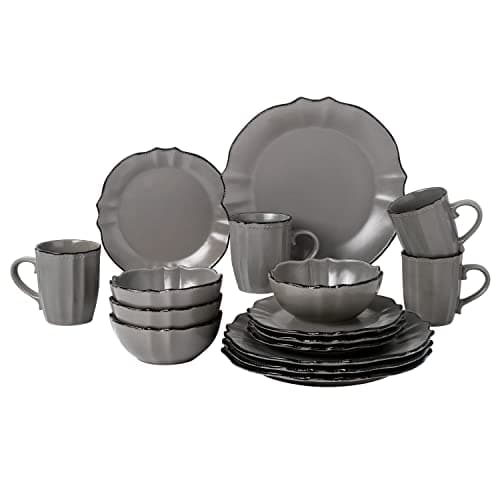 Lorren Home Trends 16 Piece Scalloped Edge Black Dinnerware, Medium — Gray