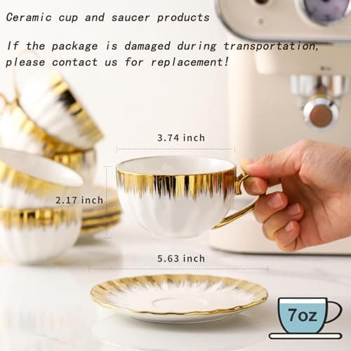 LETAOTAO 7 oz Porcelain Cappuccino Cups Set with Saucers - 6 Tea and Coffee Cups with Gold Trim