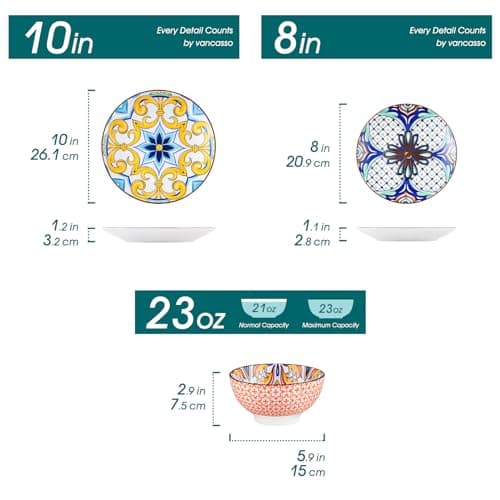 Vancasso Jasmin Hand-Painted Arabic Series Porcelain Dinnerware Set - 12 Piece Bowls and Plates