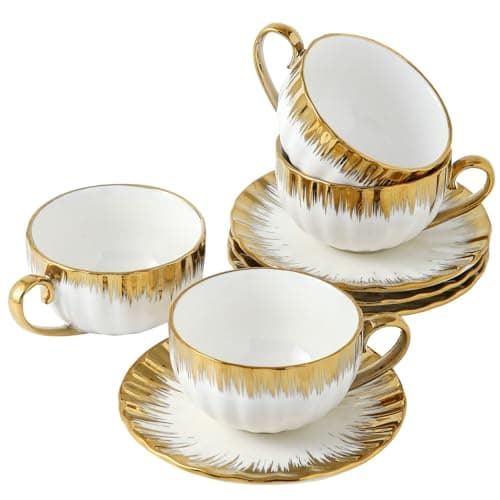 LETAOTAO 7 oz Porcelain Cappuccino Cups Set with Saucers - 6 Tea and Coffee Cups with Gold Trim — white and gold-02