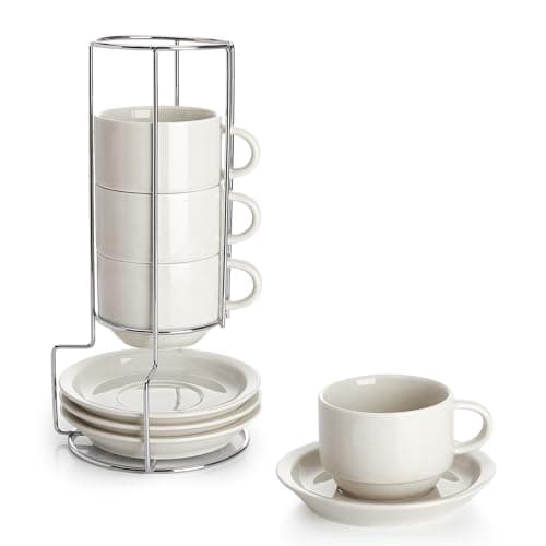Stackable Cappuccino Cups with Saucers and Stand - Set of 4, White — Dove Grey
