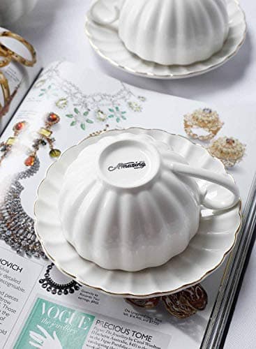 Amazingware Royal Porcelain Tea Cups & Saucers, Gold Trim, Gift Box, Set of 6 (8 oz) - White