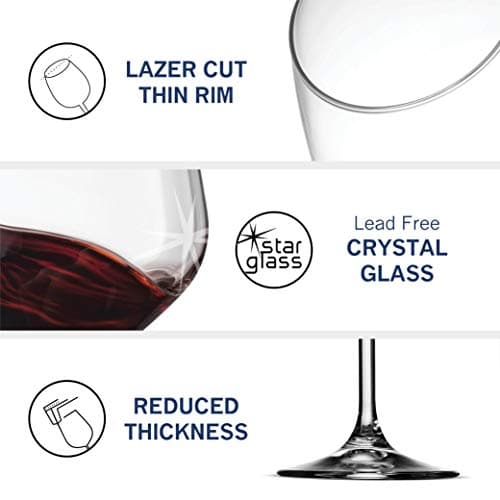 Bormioli Rocco 18oz Red Wine Glasses, Crystal Star Glass, Laser Cut Rim, Elegant Party Sets (Set of 4)