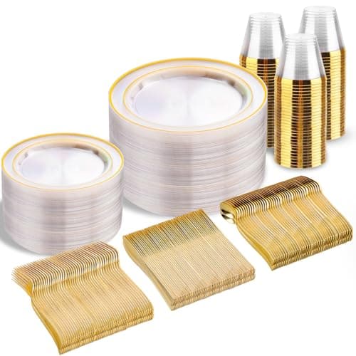 B UCLA 350PCS Gold Plastic Dinnerware Set for 50 Guests Party Supplies — Clear Gold