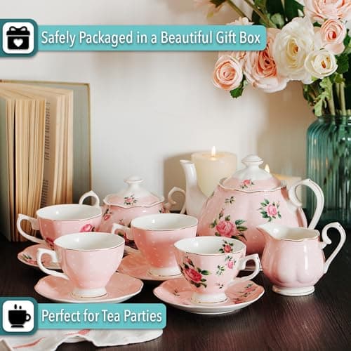 BTaT Floral Tea Set, 8oz Cups & 38oz Pot, Gift Box, China Sets