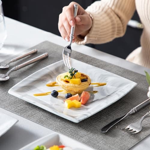 MALACASA 12-Piece Marble Grey Dinnerware Set for 4 - Square Plates and Bowls for Dessert, Salad, and Soup