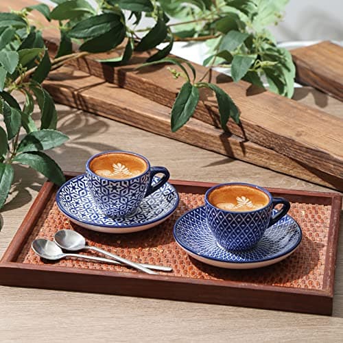 Selamica Ceramic 2 oz Espresso Cups, Vintage Blue Saucers, Porcelain Latte Set of 6