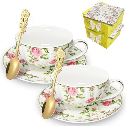 Bourbon Rose Floral Bone China Tea Cup Set with Gold Trim (7.5 OZ) — Garden Rose 2