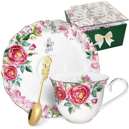 Bourbon Rose Floral Bone China Tea Cup Set with Gold Trim (7.5 OZ)