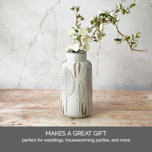 Mikasa Embossed Leaves White Beige Ceramic Vase