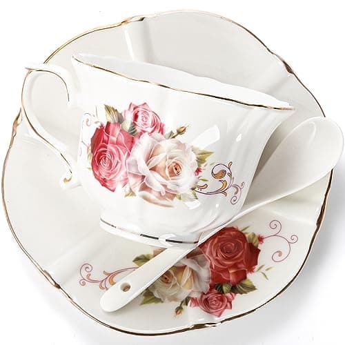 Foraineam 6-Piece Porcelain Tea Set, Ivory Rose Cups & Saucers, Gold Trimmed Latte & Espresso Mugs