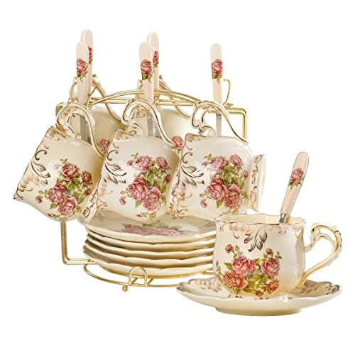YOLIFE Ivory Pink Rose Vintage Floral Porcelain Tea & Coffee Set of 6
