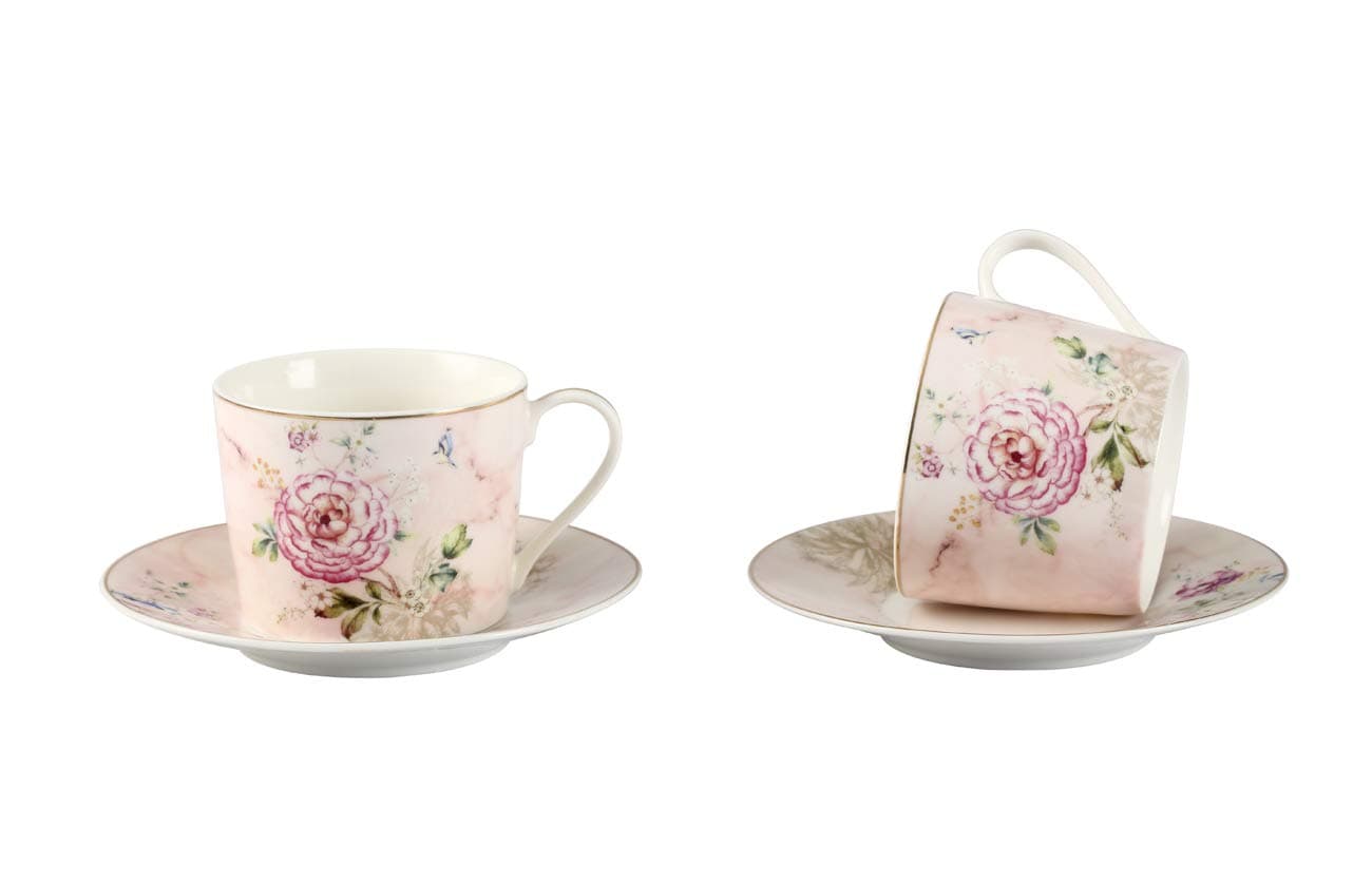 Vintage Peony Flower Design Porcelain Tea Cups and Saucers, Set of 2 - 7 Ounce (220ml) - 4 Pieces