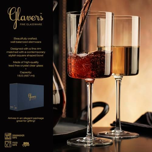 Square Crystal Wine Glass Set - 16 oz, Gift Packaged