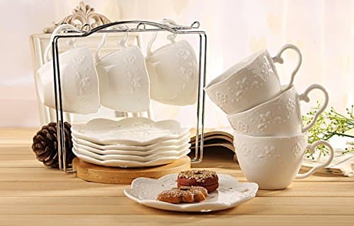 Jusalpha White Porcelain 5OZ Tea Cup and Saucer Set, Set of 6