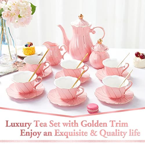 DUJUST 22 Piece Pink Luxury Tea/Coffee Set, Golden Trim, Perfect Gift for Women