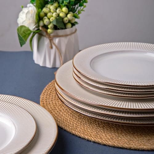 GBHOME 24-Piece Ceramic Dinnerware Set | Elegant Embossed Plates & Bowls | Dishwasher & Microwave Safe | Wedding & House