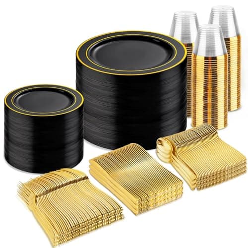 B UCLA 350PCS Gold Plastic Dinnerware Set for 50 Guests Party Supplies — Black Gold Trim