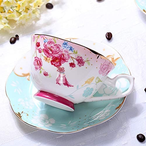 Vintage Red Flower Bone China Teacup and Saucer Set 7-OZ