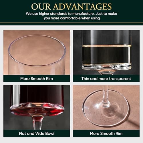Premium Crystal Wine Glasses - Hand Blown, Long Stem, Square Design - Set of 4, 15oz