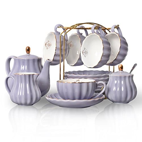 Sweejar British Royal Porcelain Tea Set, 8oz Cups & Saucer for 6 Guests, Teapot Included — Purple