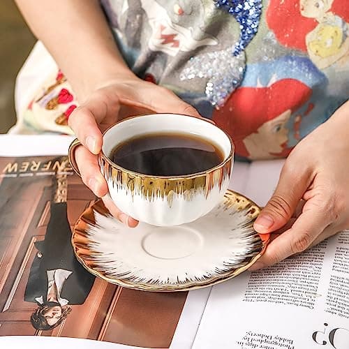 LETAOTAO 7 oz Porcelain Cappuccino Cups Set with Saucers - 6 Tea and Coffee Cups with Gold Trim