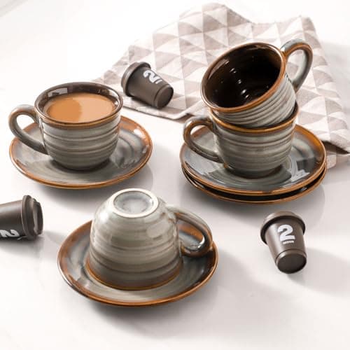 Ceramic Espresso Cups & Saucers, 5 Oz, Set of 4, Small Coffee Mugs Brown