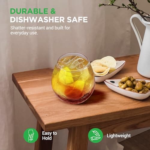 NutriChef Stemless 8oz Wine Glasses, Hand Blown for Home & Bar, Dishwasher Safe, Gift Set