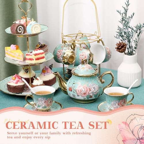 21pcs Green Porcelain Teapot Set Cupcake Stand Ceramic Tea Cups Saucers for Women Tea Parties Gifts