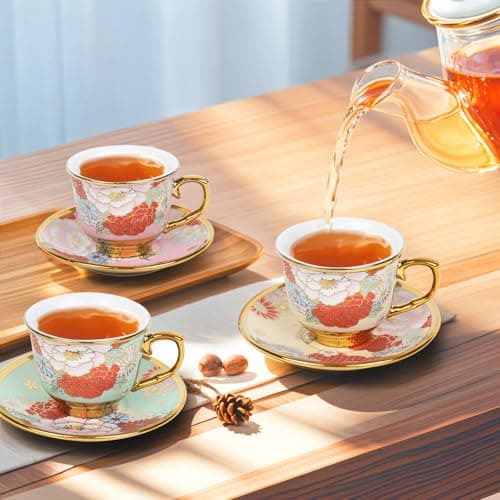 Set of 8 Vintage Floral Tea Cups with Saucers and Gold Spoons for Afternoon Tea