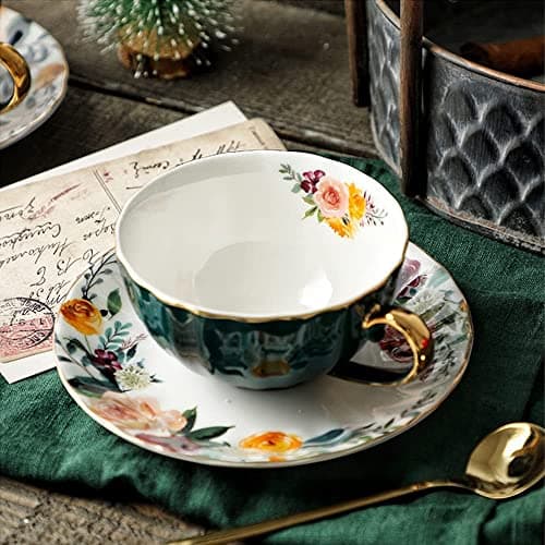 ONEUSTAR 8 Oz Bone China Tea Cup and Saucer Set for Mom Birthday Party Gifts — Green