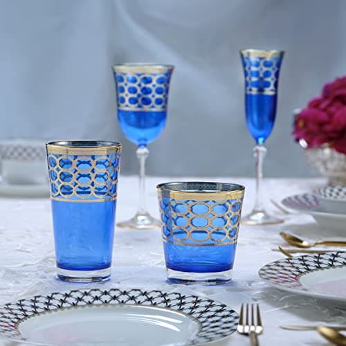 Lorren Home Trends Cobalt Blue High Ball Glasses with Gold Rings, Set of 4