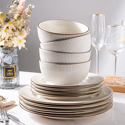 GBHOME Elegant Stoneware Dinnerware Set, 12-Piece Embossed Plates & Bowls | Safe for Dishwasher & Microwave | Ideal Hous