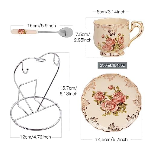 YOLIFE 8 oz Floral Porcelain Teacup Set with Holder