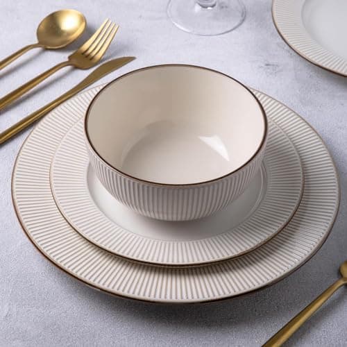 GBHOME Elegant Stoneware Dinnerware Set, 12-Piece Embossed Plates & Bowls | Safe for Dishwasher & Microwave | Ideal Hous