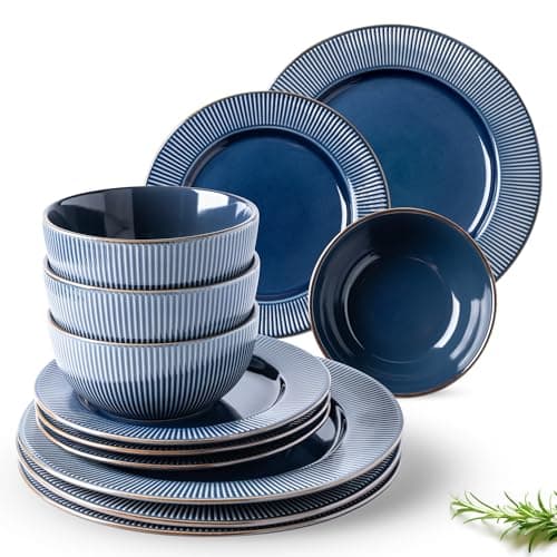 GBHOME Elegant Stoneware Dinnerware Set, 12-Piece Embossed Plates & Bowls | Safe for Dishwasher & Microwave | Ideal Hous — Rythmic Blue