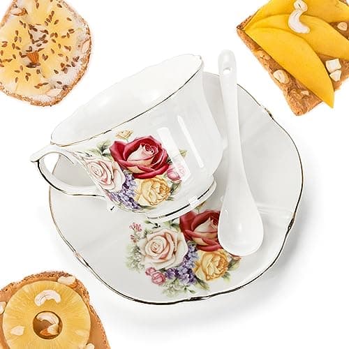 Vintage Rose Tea Cups and Saucers Set, 8 OZ Ceramic with Gold Trim for Tea Party