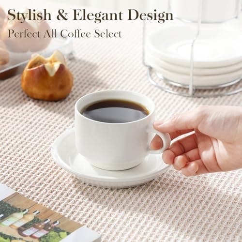 MALACASA White Espresso Cups with Saucers & Metal Stand, Set of 4