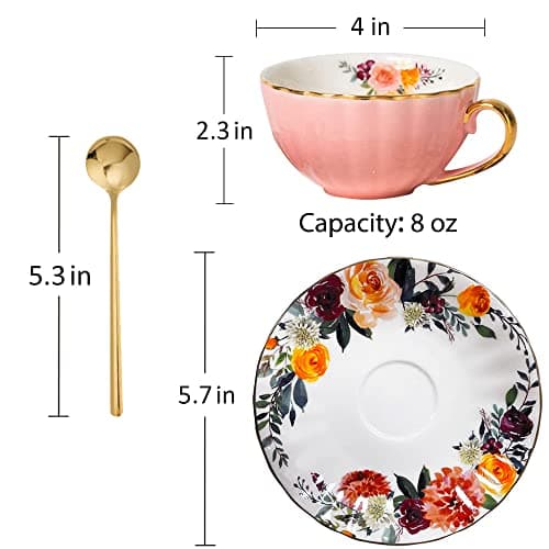ONEUSTAR 8 Oz Bone China Tea Cup and Saucer Set for Mom Birthday Party Gifts