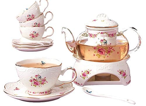 Jusalpha Vintage Porcelain Flower Tea Set & Teapot Warmer, 16pcs (16pcs set)