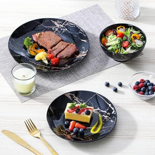 LOVECASA Black & Gold Porcelain Dinnerware Set, 12 Pieces, Dishwasher Safe