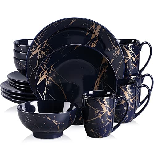 LOVECASA Black & Gold Porcelain Dinnerware Set, 12 Pieces, Dishwasher Safe — Dark Blue_Gold