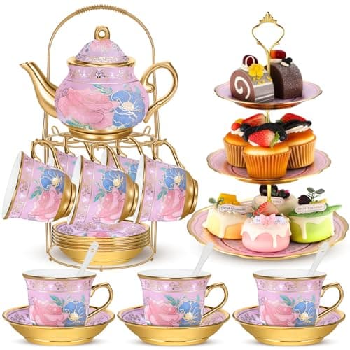 21pcs Green Porcelain Teapot Set Cupcake Stand Ceramic Tea Cups Saucers for Women Tea Parties Gifts — Purple