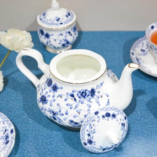 Vintage Bone China Tea Set, 21-Piece Porcelain Set for Adults (Blue)