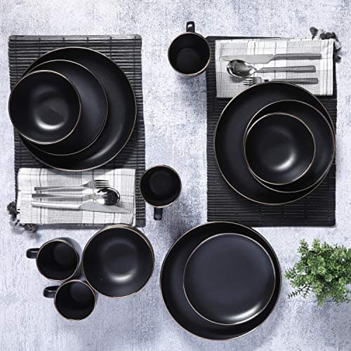 Gibson Home Rockaway Round Stoneware Dinnerware Set, Black/Gold Rim (4 Servings)