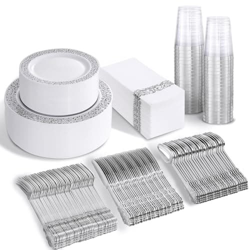 B UCLA 350PCS Gold Plastic Dinnerware Set for 50 Guests Party Supplies — Silver- Lace Design