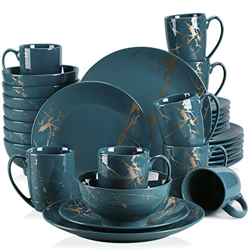 LOVECASA Black & Gold Porcelain Dinnerware Set, 12 Pieces, Dishwasher Safe — Blackish Green_Gold