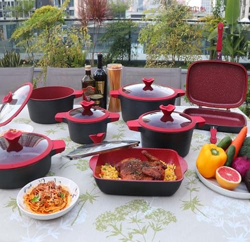Lorren Home Trends 14-Piece Die-Cast Aluminum Cookware Set, Red