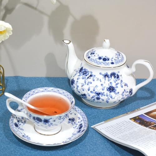 Vintage Bone China Tea Set, 21-Piece Porcelain Set for Adults (Blue)